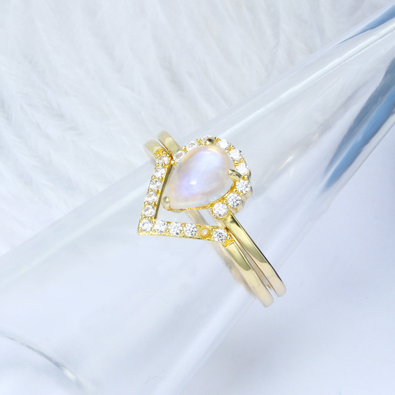 S925 Sterling Silver Moonstone Ring V Shaped Gemstone Zircon