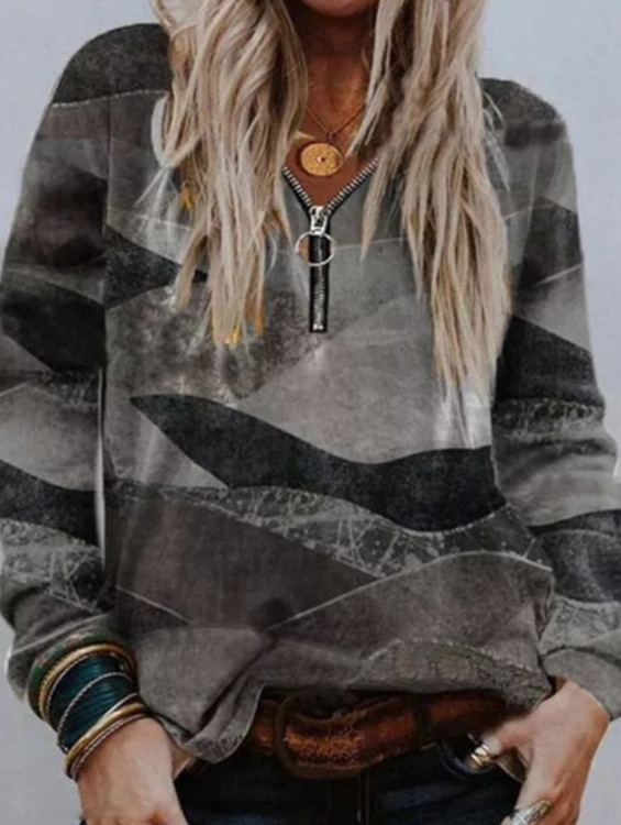 Retro Printing Plus Size Casual Zipper V-neck Long-sleeved Sweaterop