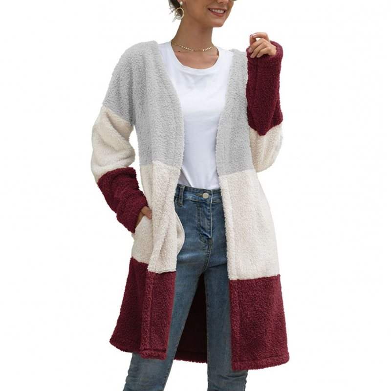 Three Color Female Splicing Wool Cardigan Coat Grey - Shop at LoveMi