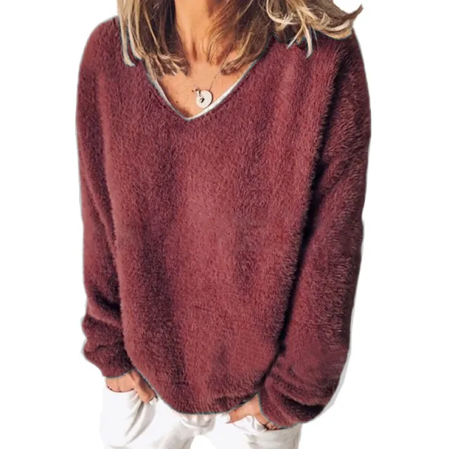Solid Color Sweater V Neck Long Sleeve Loose T shirt Rose - Shop at LoveMi