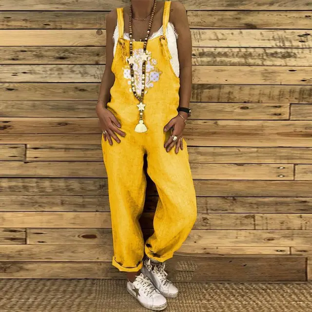 Women's Printed Plus Size Linen Cotton Overalls Yellow - Shop at LoveMi