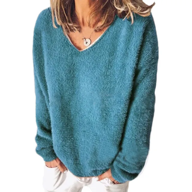 Solid Color Sweater V Neck Long Sleeve Loose T shirt Blue - Shop at LoveMi