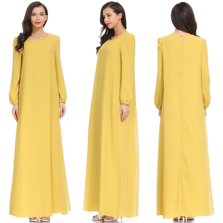 فستان طويل بأكمام طويلة وياقة مستديرة وحزام ربطة قوس