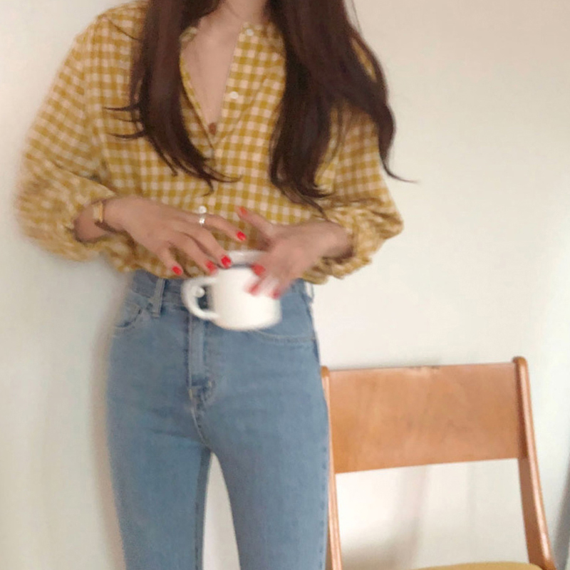 Girl Versatile Fashion Simple Loose Plaid Single Breasted Shirt