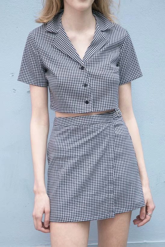 Lapel Off-Waist Top, Short-Sleeved Shirt + Plaid Waisted A-Line Skirt