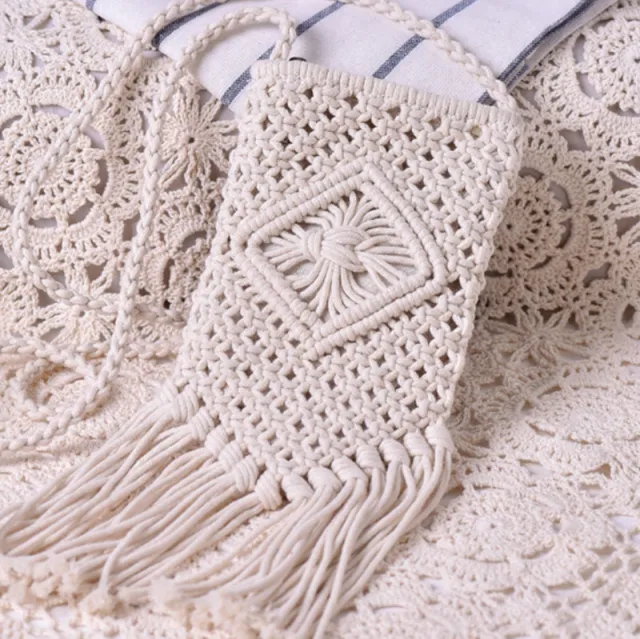 Mori Girl Crossbody Hand woven Cotton Tassel Bag White - Shop at LoveMi