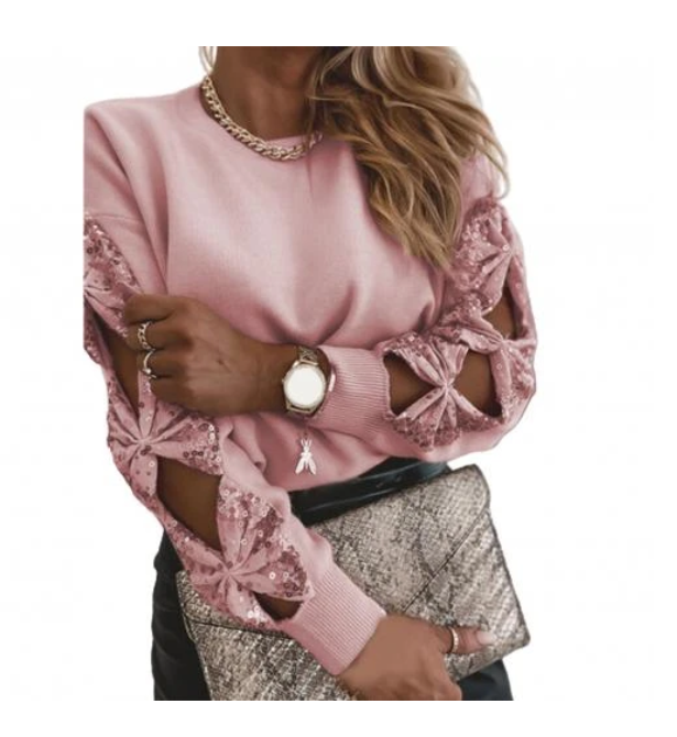 New Solid Color Round Neck Sequined Knit Top with Hollow Sleeves
