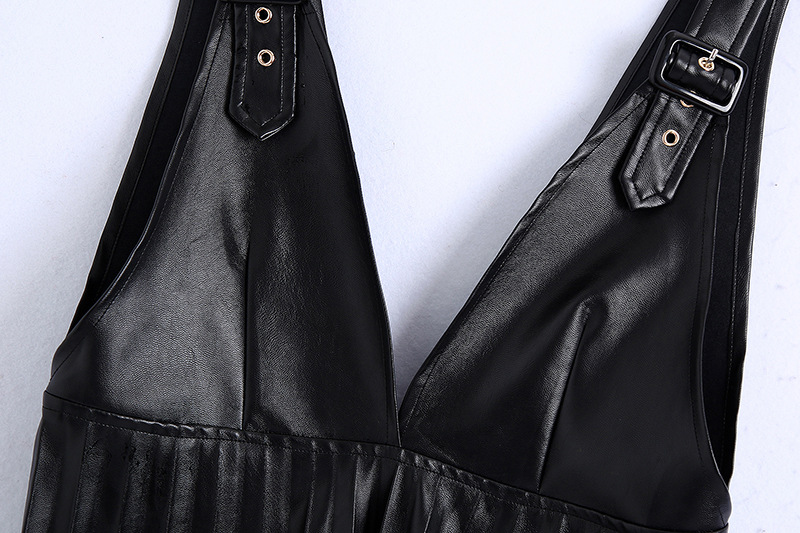 Black PU Strap Skirt Ladies V-neck High Waist Stitching Pleated Faux Leather Black Vest Dress