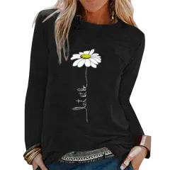 Women's Round Neck Embroidered Long Sleeve T-Shirt - Black - View 1