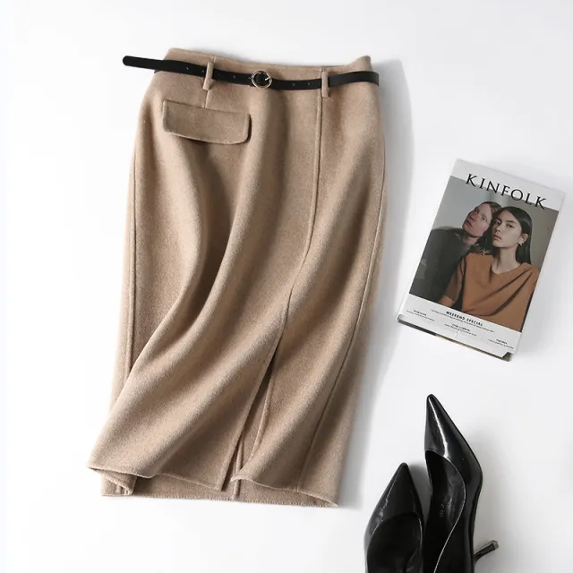 Commuter Wool Double sided Woolen Skirt And Belt Khaki - Shop at LoveMi