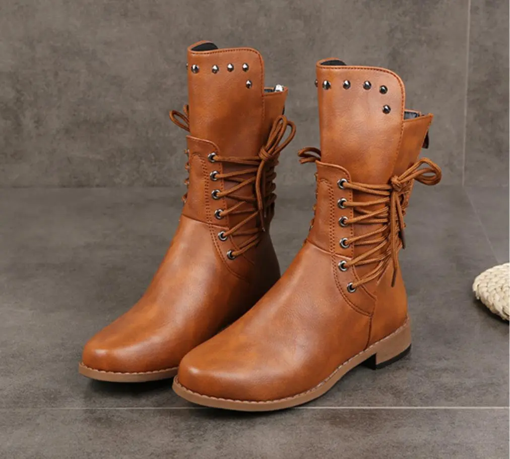 Martin Boots Rivet Plus Size Ladies Boots - Brown