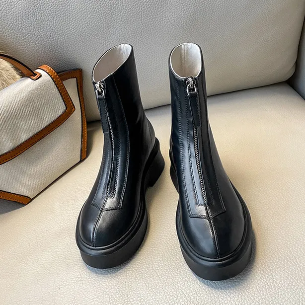 Leather Ankle Boots With Front Zipper All Match Rider Boots Black - Shop at LoveMi