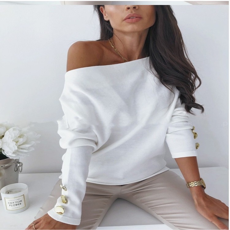 One-line Collar Button Long Sleeve Solid Color Base