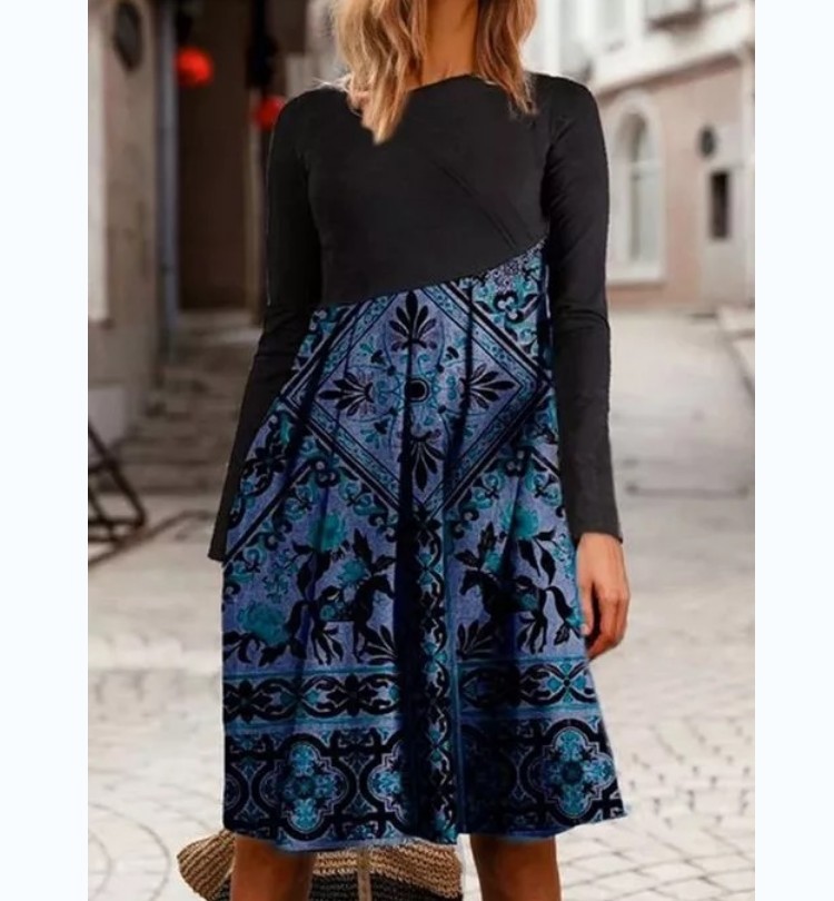 Autumn Casual Temperament Women's Hedging Round Neck Large Swing Dress