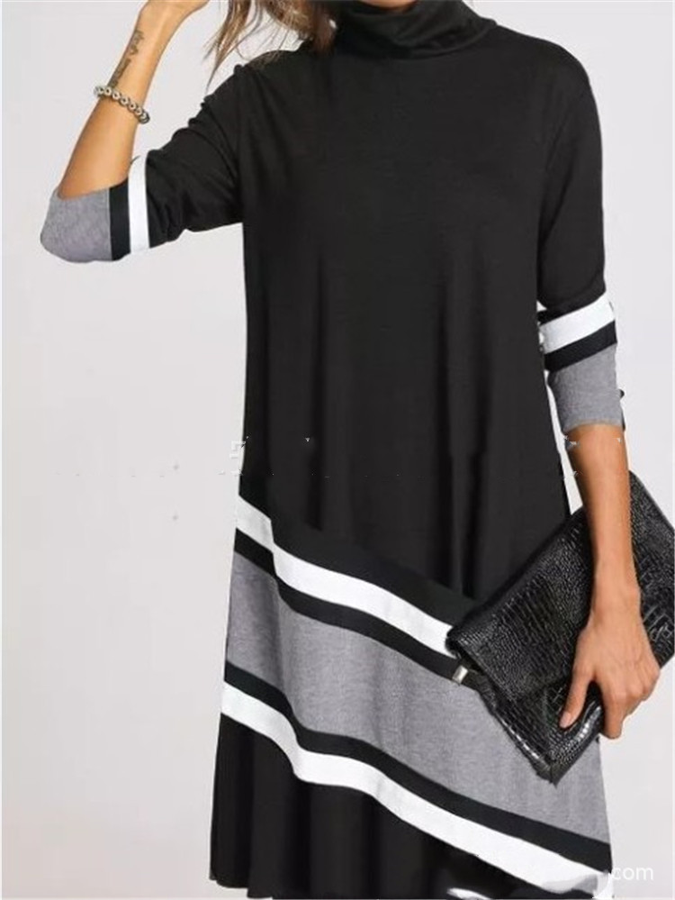 Women's Fashion Printing Half High Neck Long Sleeve Loose Dress Women
