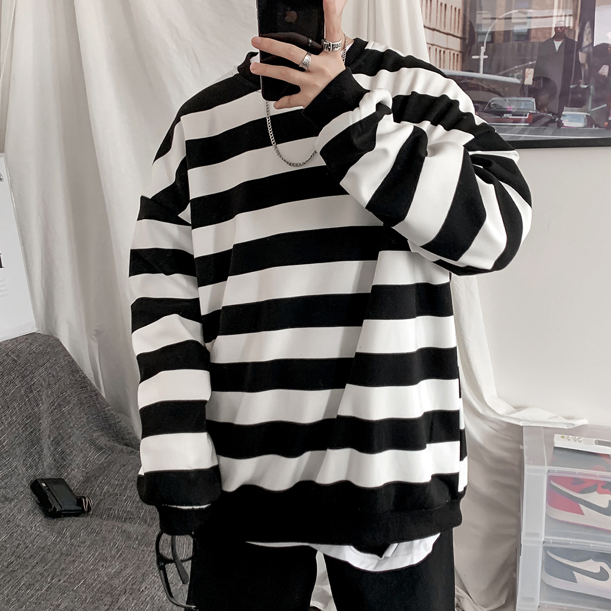 Round Neck Pullover For Lovers Striped Color Matching Sweater