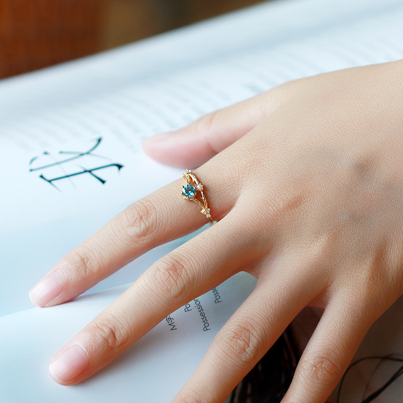 Sterling Silver Flower And Dead Branch Blue Topa Pearl Ring