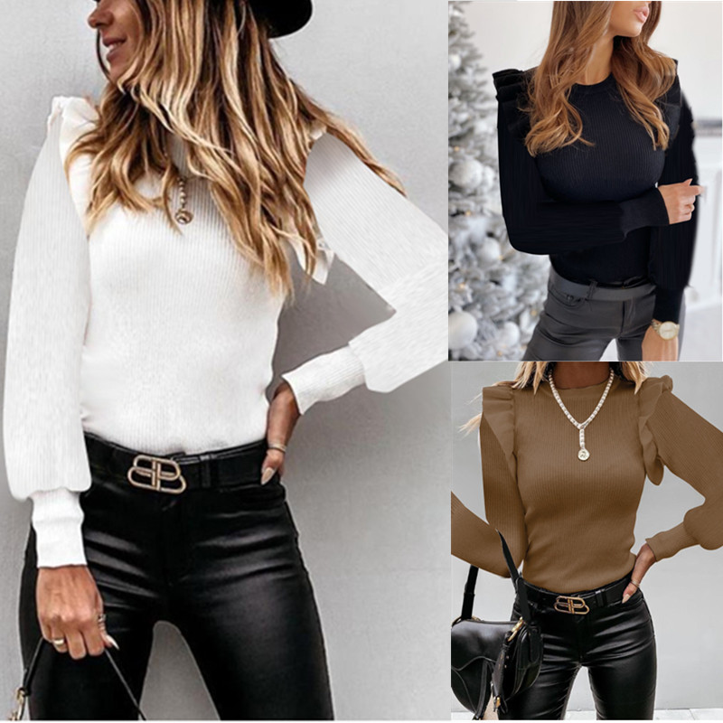 Long Sleeve Round Neck Ruffle T-Shirt Women's Bottom Coat