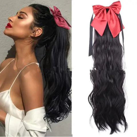 Red Bow Ponytail Wig Women's Long Hair Ribbon Wig