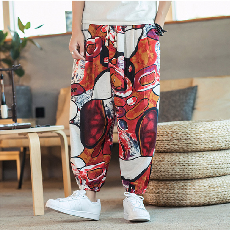 Chinese Style Cotton And Linen Printed Men's Casual Trousers