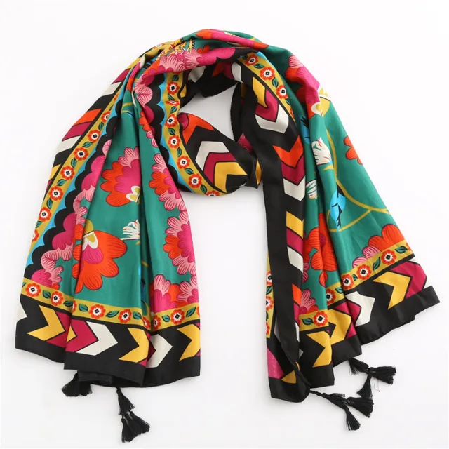 Geometric Flower Pattern Travel Personality All Match Warm Cotton And Linen Scarf Black - Shop at LoveMi