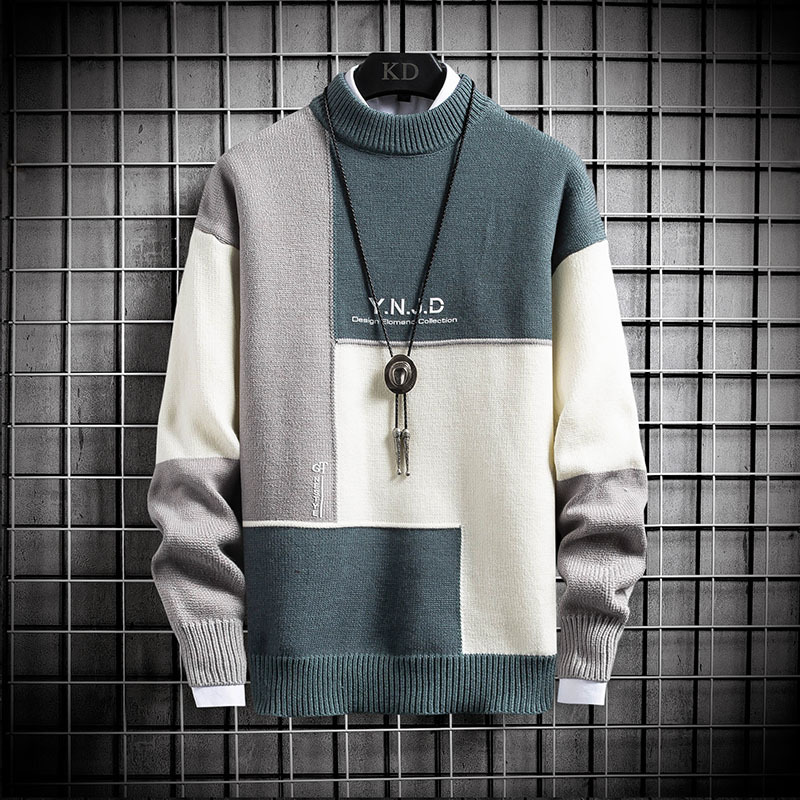 High Neck Stitching Contrast Color Men's Pullover Sweater