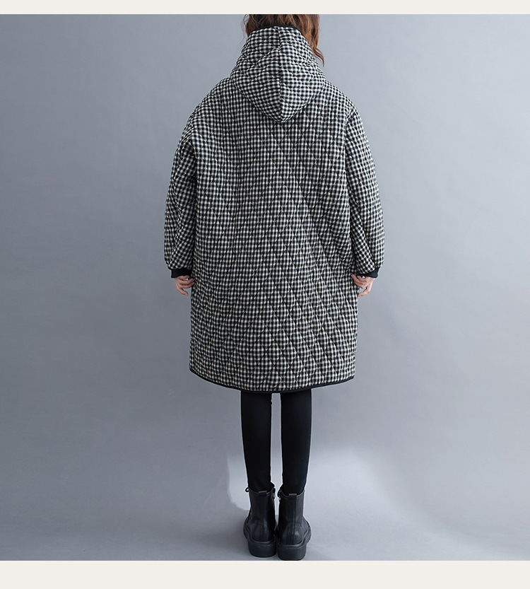 Women's Hooded Plaid Quilted Mid-Length Coat