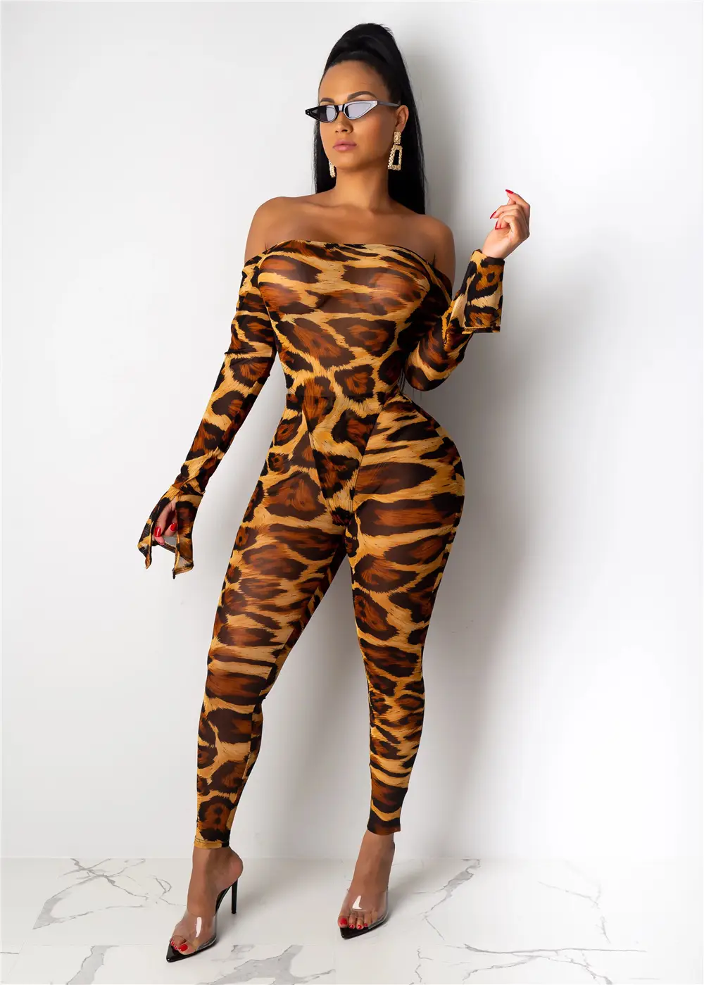 Stretch Leopard Print Jumpsuit   Two Piece Pants