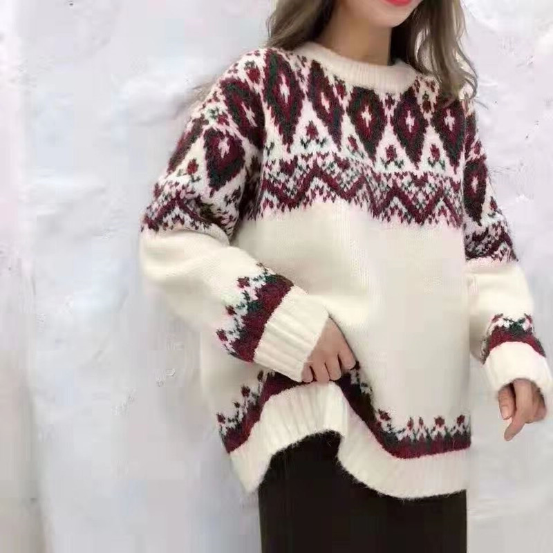 Outer Wear Loose Rhombus Pullover Lazy Knit Sweater New Retro College Style Sweater Women