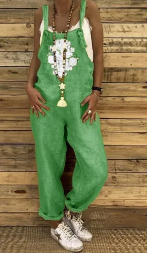 Women's Printed Plus Size Linen Cotton Overalls Green - Shop at LoveMi