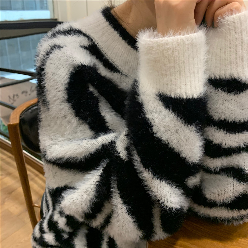 Lazy Style Zebra Print Faux Mink Loose Sweater