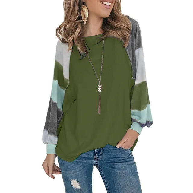 Round Neck Watercolor Balloon Sleeve Long Sleeve Top Green - Shop at LoveMi