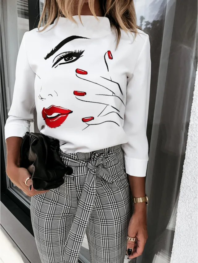 Ladies Printed Shirt Button Long Sleeve Slim Top Eyelash S - Shop at LoveMi