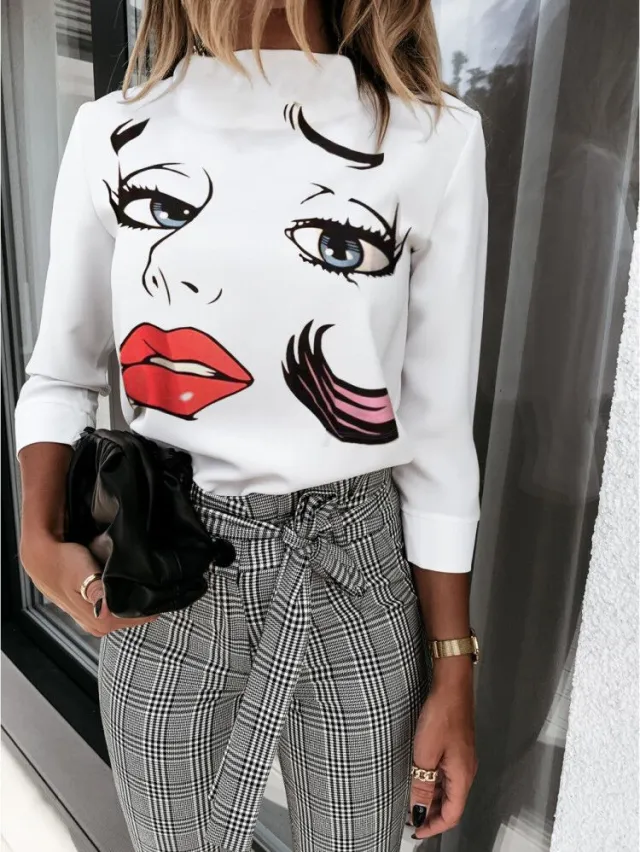 Ladies Printed Shirt Button Long Sleeve Slim Top Red Lips - Shop at LoveMi