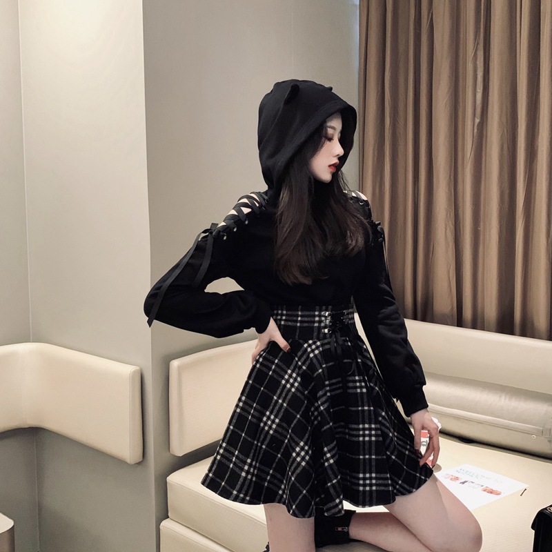 Cat Ear Strap Sweater Woolen High Waist Skirt Suit