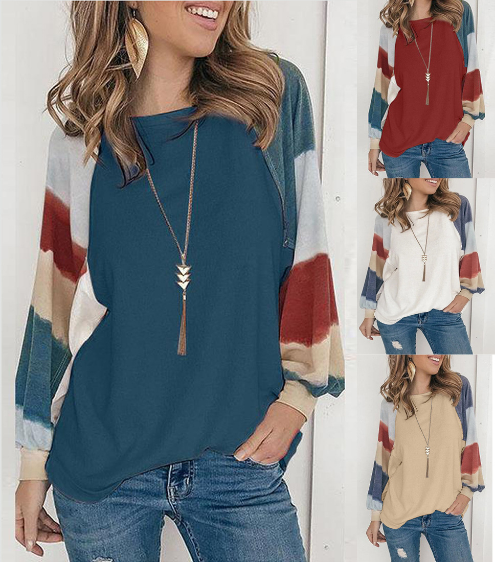Round Neck Watercolor Balloon Sleeve Long Sleeve Top