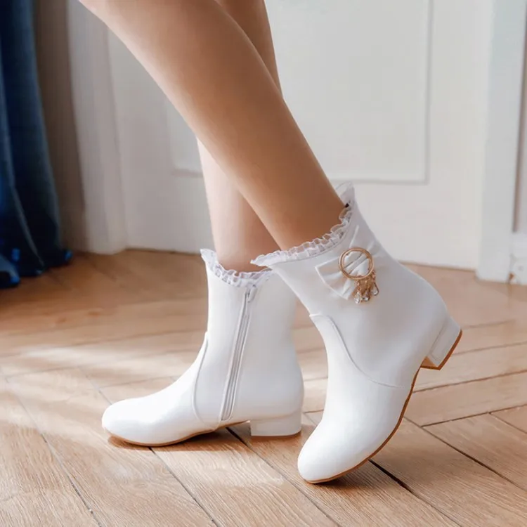 All-match Square Heel Low Heel Women's Boots - White