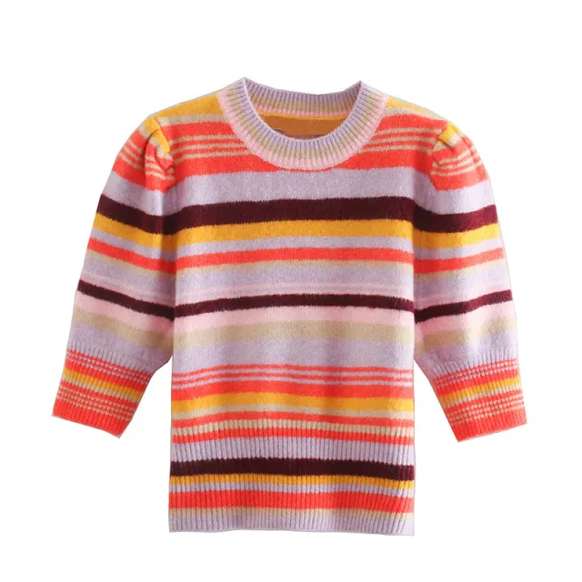 Stripe Puffy Sleeve Round Neck Short Sweater Woman Orange - Shop at LoveMi