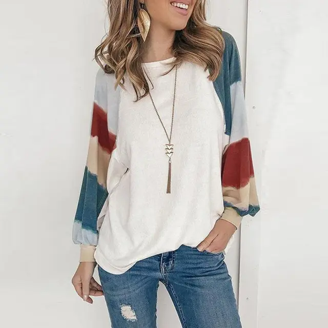 Round Neck Watercolor Balloon Sleeve Long Sleeve Top White - Shop at LoveMi
