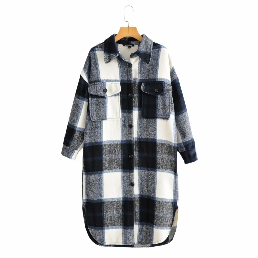 New Wool Plaid Coat Lapel Single Breasted Long Coat - Black
