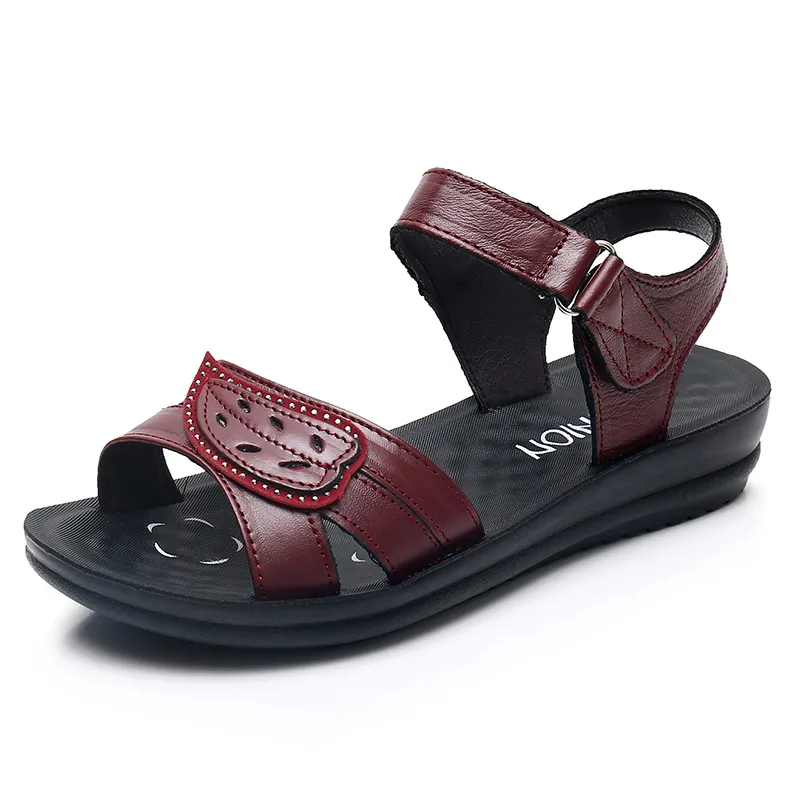 Middle-Aged And Elderly Sandals And Slippers With Soft Bottom Velcro - Red