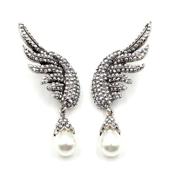 Angel Wings Alloy Diamond Pearl Earrings