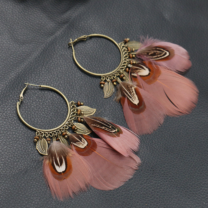 Creative Large Circle Feather  Leaf Pendant Earrings