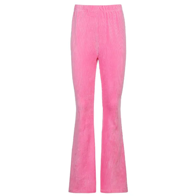 Ladies Stretch Corduroy Micro Flared Casual Pants Pink - Shop at LoveMi