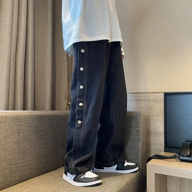 Personalized Side Breasted Pants Straight Leg Jeans Women Black - Shop at LoveMi