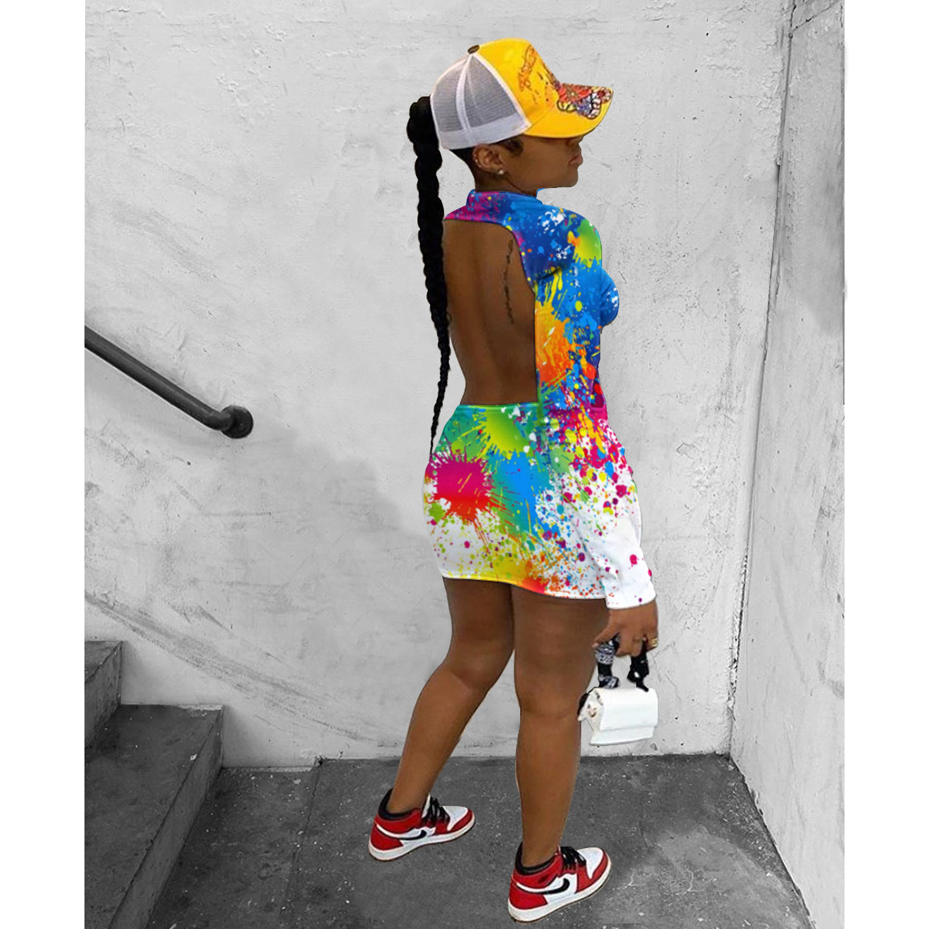 Graffiti Long Sleeve Back Nightclub Dress