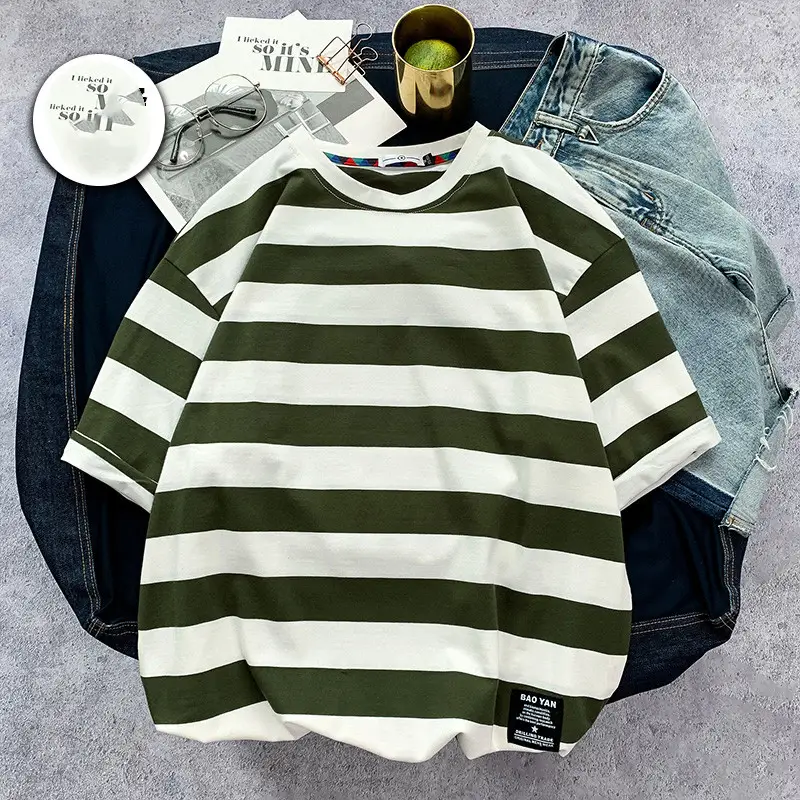 Men's Striped short sleeve T-shirt fat trend to add fat