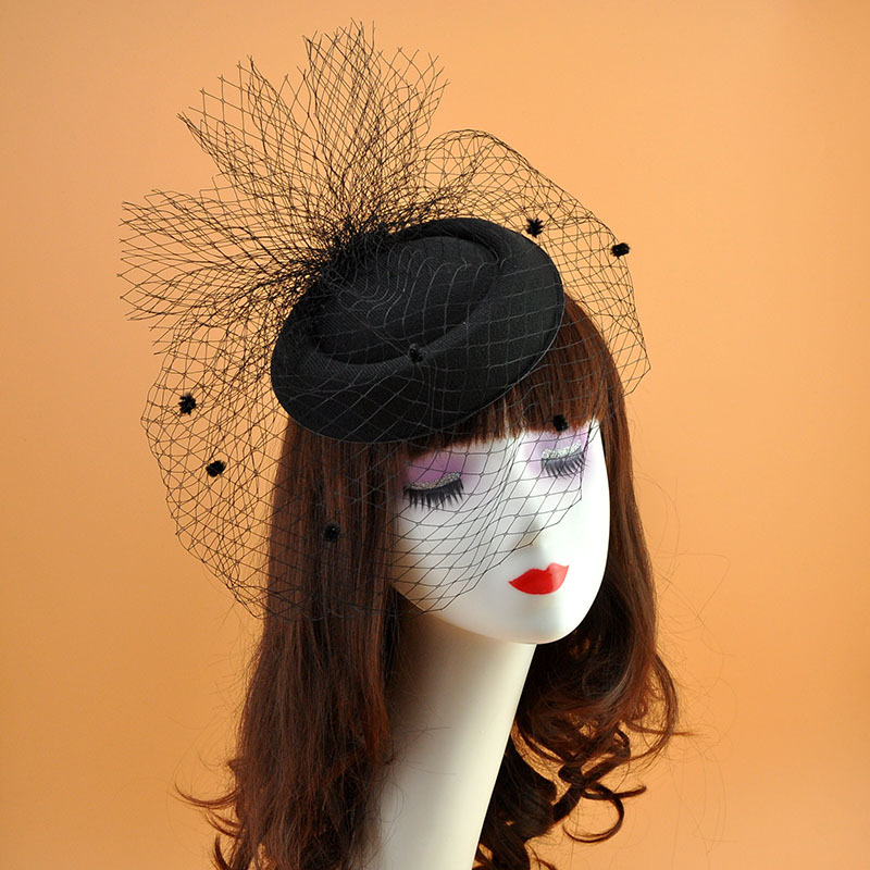 Black Veil Small Top Hat Retro Woolen Fabric Dinner Party Black - Shop at LoveMi