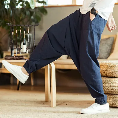 Linen Pants Men's Retro Plus Size Drop Harem Pants