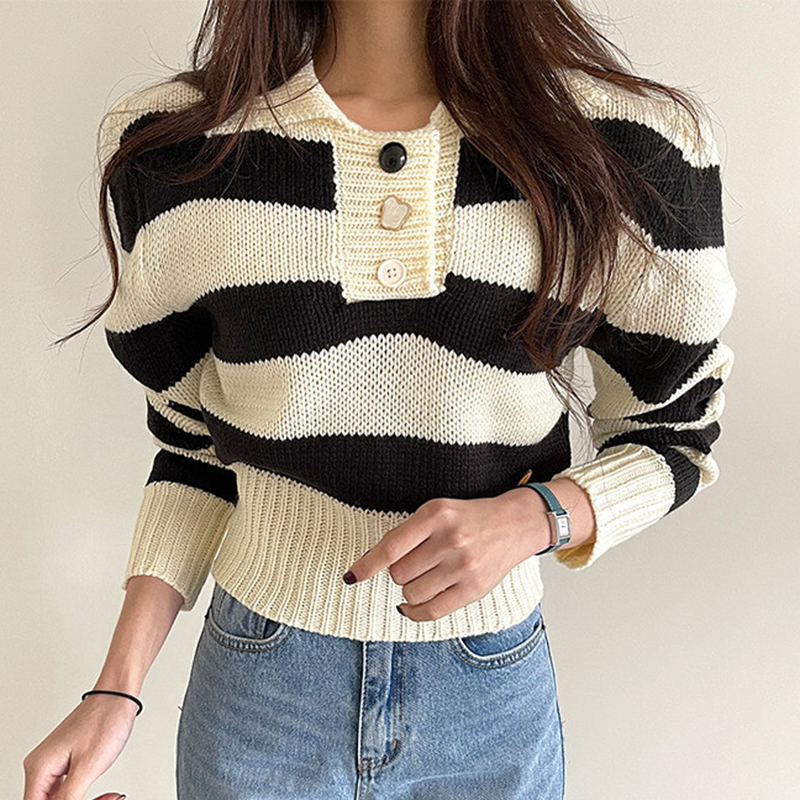 All-Match Button Design Waist Slim Striped Short Long Sleeves